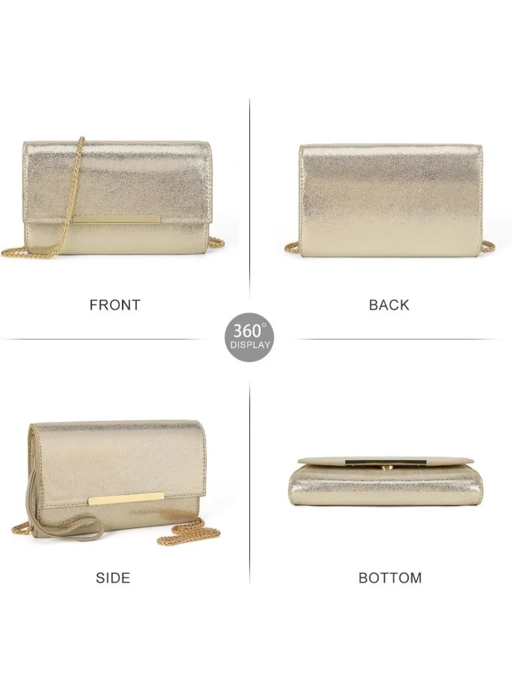 Women’s Shiny Gold Clutch Purses Wristlet Vegan Leather Formal Evening Bag